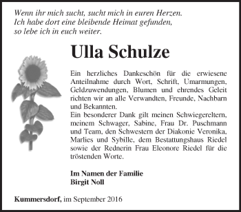 Traueranzeige von Ulla Schulze von Märkische Oderzeitung