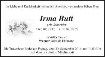 Traueranzeige von Irma Butt von Märkische Oderzeitung