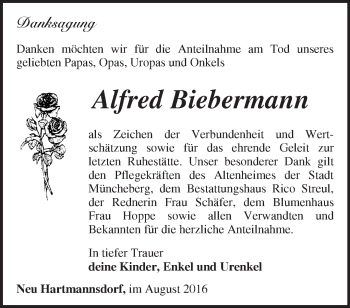 Traueranzeige von Alfred Biebermann von Märkische Oderzeitung