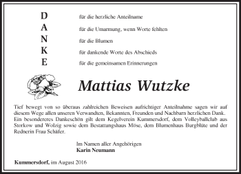 Traueranzeige von Mattias Wutzke von Märkische Oderzeitung