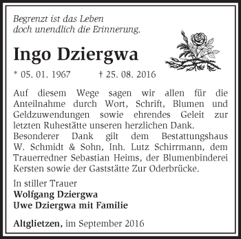 Traueranzeige von Ingo Dziergwa von Märkische Oderzeitung