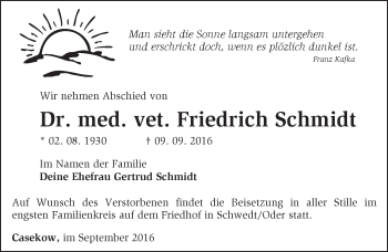 Traueranzeige von Friedrich Schmidt von Märkische Oderzeitung