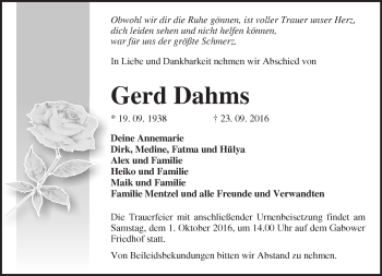 Traueranzeige von Gerd Dahms von Märkische Oderzeitung