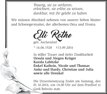 Traueranzeige von Elli Rothe von Märkische Oderzeitung