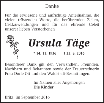 Traueranzeige von Ursula Täge von Märkische Oderzeitung