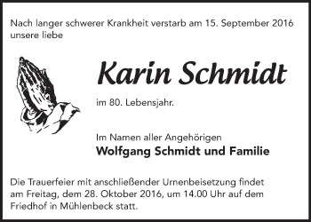 Traueranzeige von Karin Schmidt von Märkische Oderzeitung