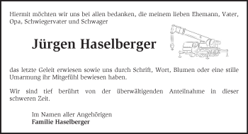 Traueranzeige von Jürgen Haselberger von Märkische Oderzeitung