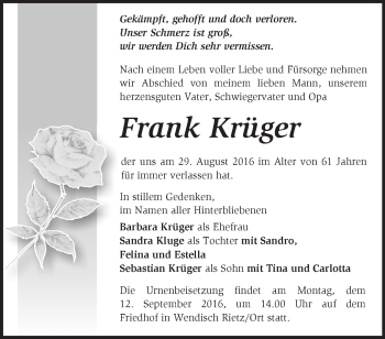 Traueranzeige von Frank Krüger von Märkische Oderzeitung