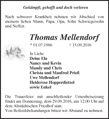 Traueranzeige von Thomas Mellendorf von Märkische Oderzeitung