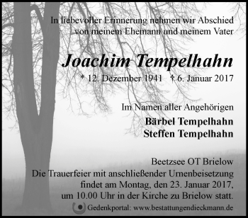 Traueranzeige von Joachim Tempelhahn von Märkische Oderzeitung