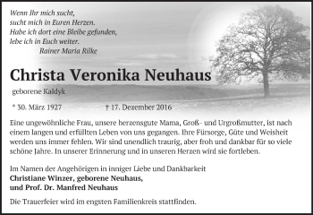 Traueranzeige von Christa Veronika Neuhaus von Märkische Oderzeitung