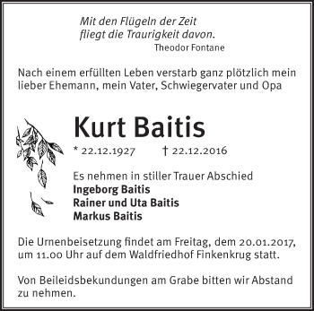 Traueranzeige von Kurt Baitis von Märkische Oderzeitung