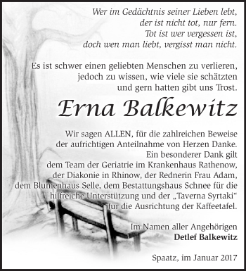 Traueranzeige von Erna Balkewitz von Märkische Oderzeitung