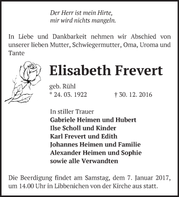 Traueranzeige von Elisabeth Frevert von Märkische Oderzeitung