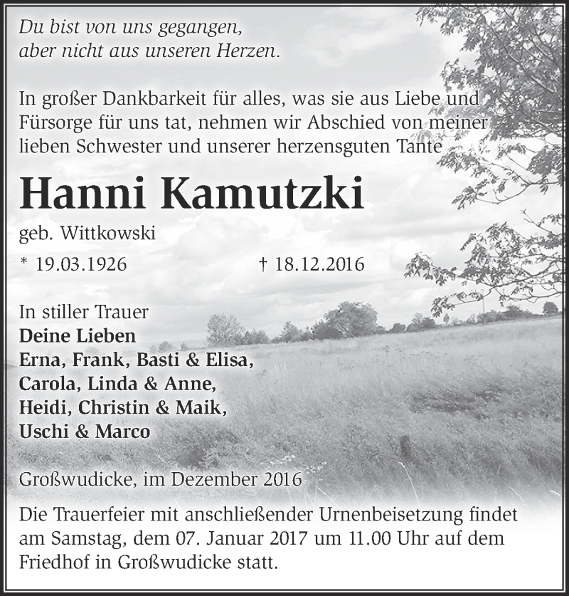 Traueranzeigen Von Hanni Kamutzki Markische Onlinezeitung Trauerportal