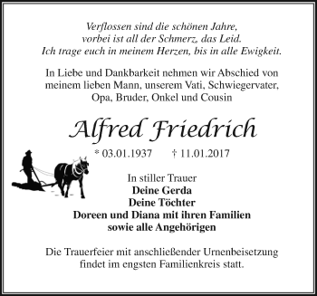 Traueranzeige von Alfred Friedrich von Märkische Oderzeitung