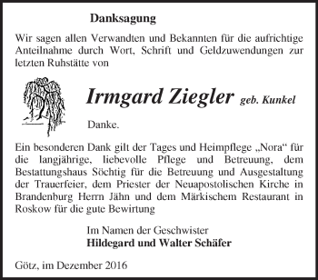 Traueranzeige von Irmgard Ziegler von Märkische Oderzeitung