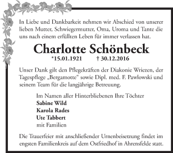 Traueranzeige von Charlotte Schönbeck von Märkische Oderzeitung