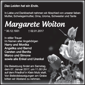 Traueranzeige von Margarete Woiton von Märkische Oderzeitung