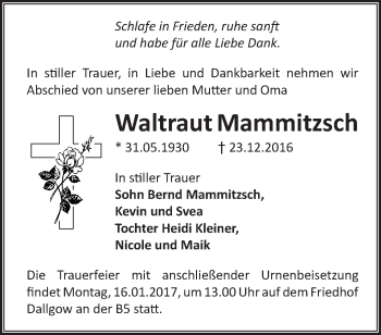 Traueranzeige von Waltraut Mammitzsch von Märkische Oderzeitung