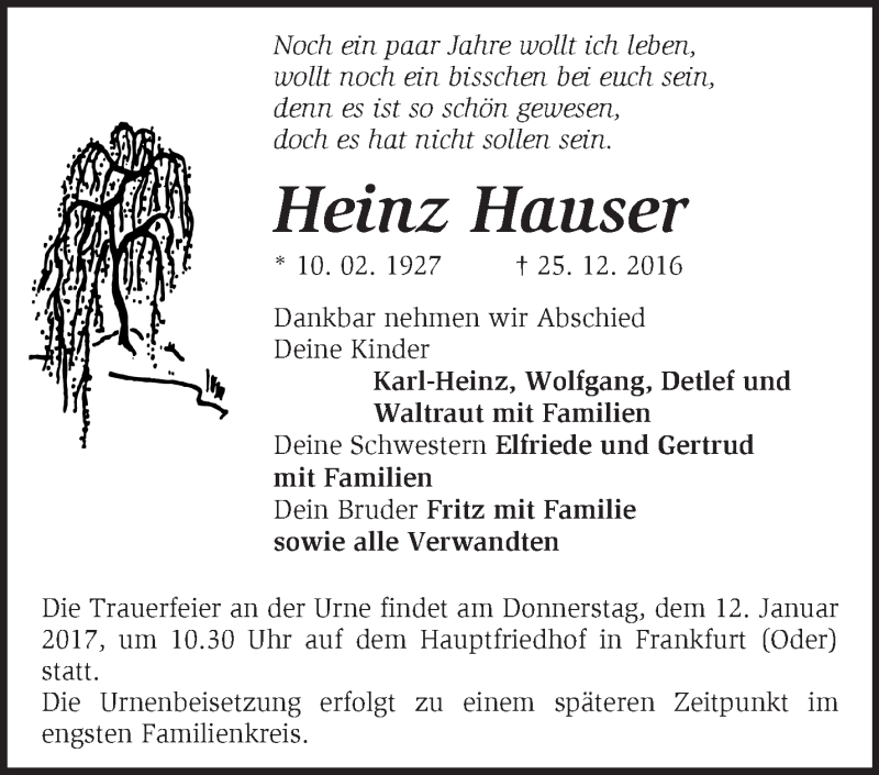 Traueranzeigen Von Heinz Hauser Markische Onlinezeitung Trauerportal