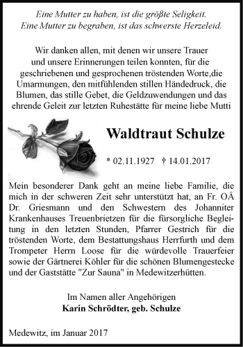 Traueranzeige von Waltraut Schulze von Märkische Oderzeitung