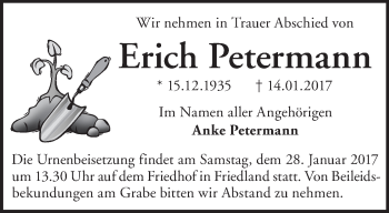 Traueranzeige von Erich Petermann von Märkische Oderzeitung