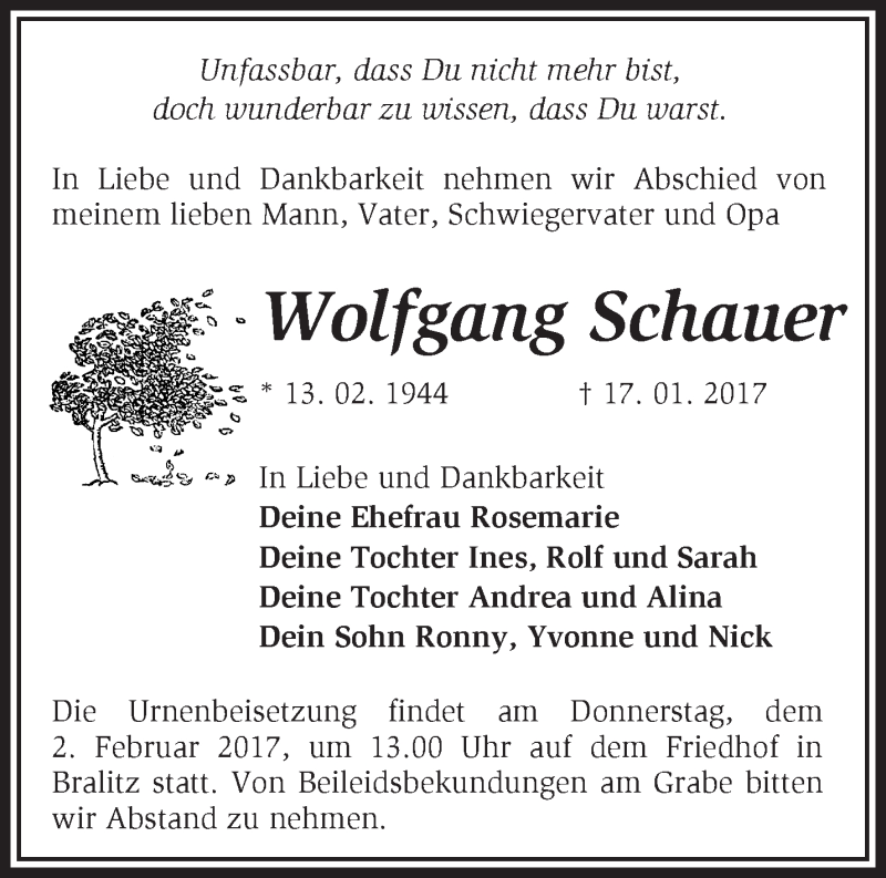  Traueranzeige für Wolfgang Schauer vom 29.01.2017 aus Märkische Oderzeitung