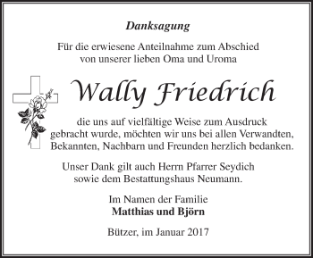 Traueranzeige von Wally Friedrich von Märkische Oderzeitung