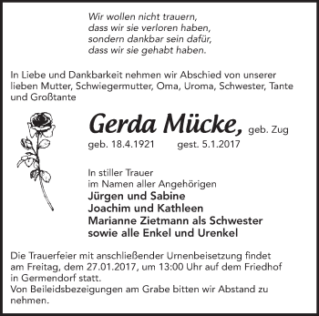 Traueranzeige von Gerda Mücke von Märkische Oderzeitung