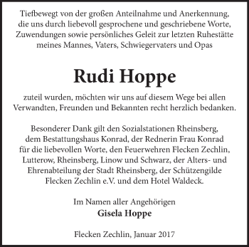 Traueranzeige von Rudi Hoppe von Märkische Oderzeitung