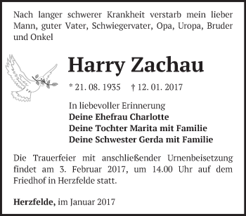 Traueranzeige von Harry Zachau von Märkische Oderzeitung