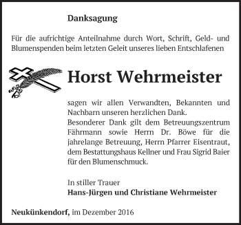 Traueranzeige von Horst Wehrmeister von Märkische Oderzeitung