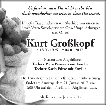 Traueranzeige von Kurt Großkopf von Märkische Oderzeitung