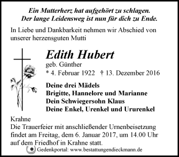 Traueranzeige von Edith Hubert von Märkische Oderzeitung