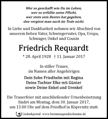 Traueranzeige von Friedrich Requardt von Märkische Oderzeitung