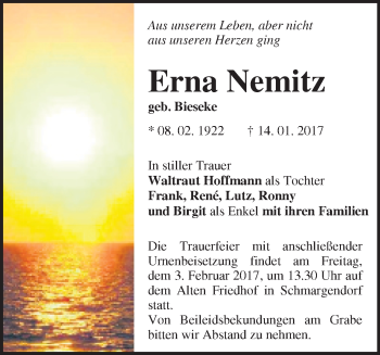 Traueranzeige von Erna Neuritz von Märkische Oderzeitung