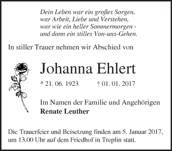 Traueranzeige von Johanna Ehlert von Märkische Oderzeitung