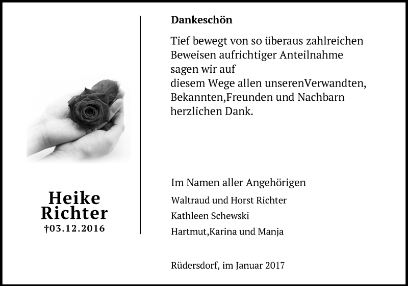 Traueranzeigen Von Heike Richter Markische Onlinezeitung Trauerportal