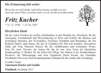 Traueranzeige von Fritz Kucher von Märkische Oderzeitung