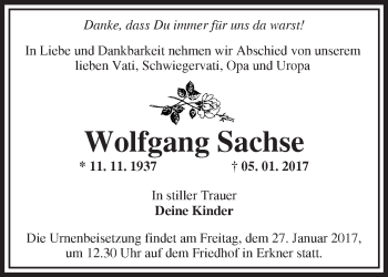 Traueranzeige von Wolfgang Sachse von Märkische Oderzeitung