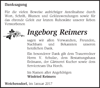 Traueranzeige von Ingeborg Reimers von Märkische Oderzeitung