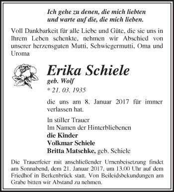 Traueranzeige von Erika Schiele von Märkische Oderzeitung