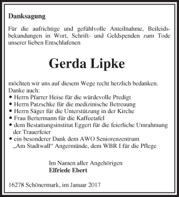 Traueranzeige von Gerda Lipke von Märkische Oderzeitung