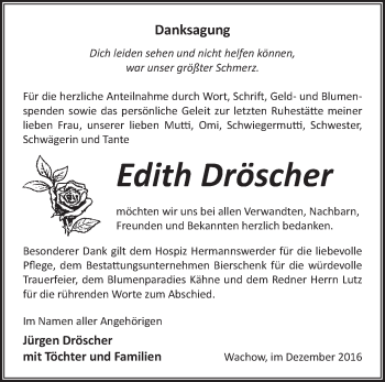 Traueranzeige von Edith Dröscher von Märkische Oderzeitung