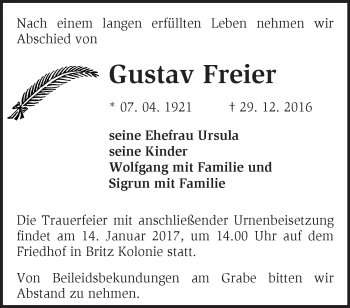 Traueranzeige von Gustav Freier von Märkische Oderzeitung