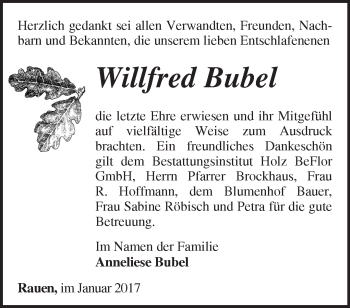 Traueranzeige von Willfred Bubel von Märkische Oderzeitung