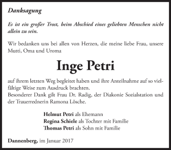 Traueranzeige von Inge Petri von Märkische Oderzeitung