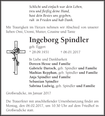 Traueranzeige von Ingeborg Spindler von Märkische Oderzeitung