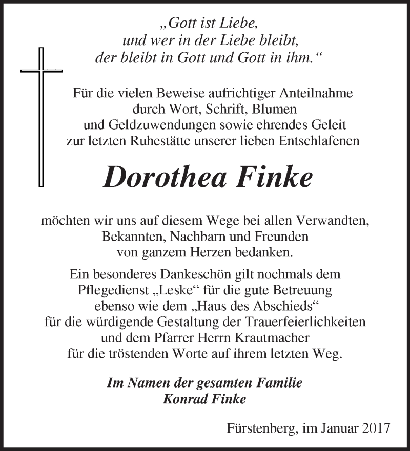  Traueranzeige für Dorothea Finke vom 14.01.2017 aus Märkische Oderzeitung